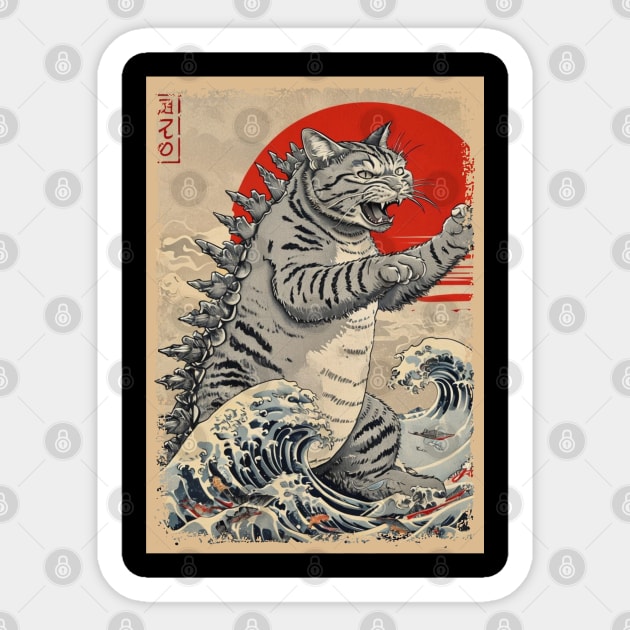 Catzilla Cat Japanese Art Funny Cat Sticker by Creatifly Graphic Tees